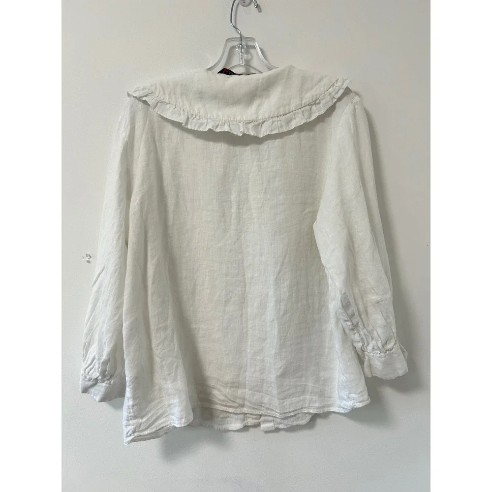 Zara Ruffled Peter Pan Collar Linen Blouse Women Medium White Cottagecore